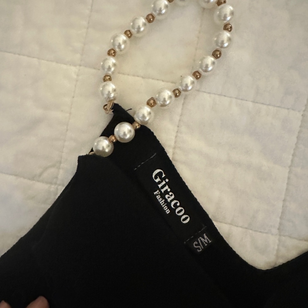 French Designer Giracoo Black Knit Tank Top with Pearl Strap